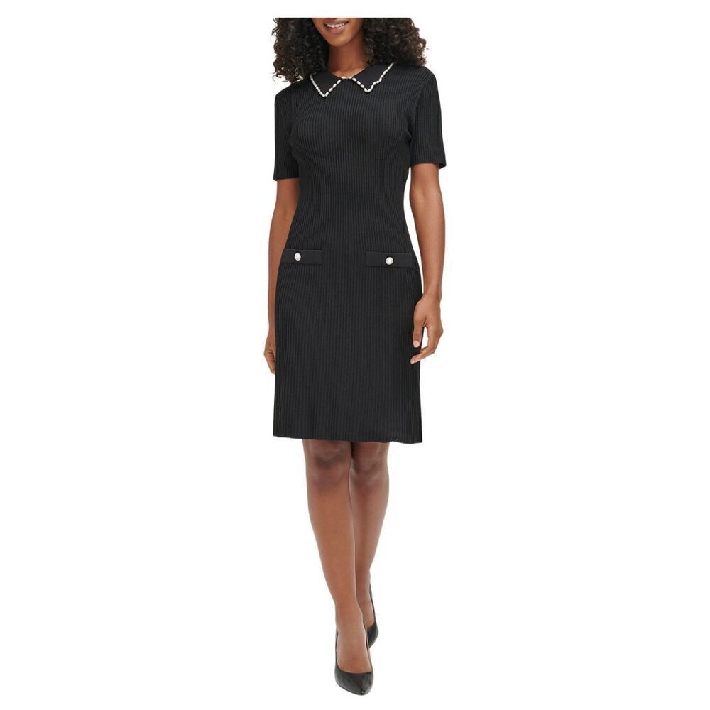 Karl Lagerfeld‎ Women's Beaded-Collar Ribbed Sweater Dress size large black